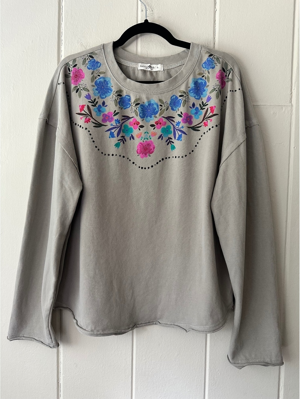 Natural Life Gray Aida Floral Print Thermal Crewneck Sweatshirt Size Large